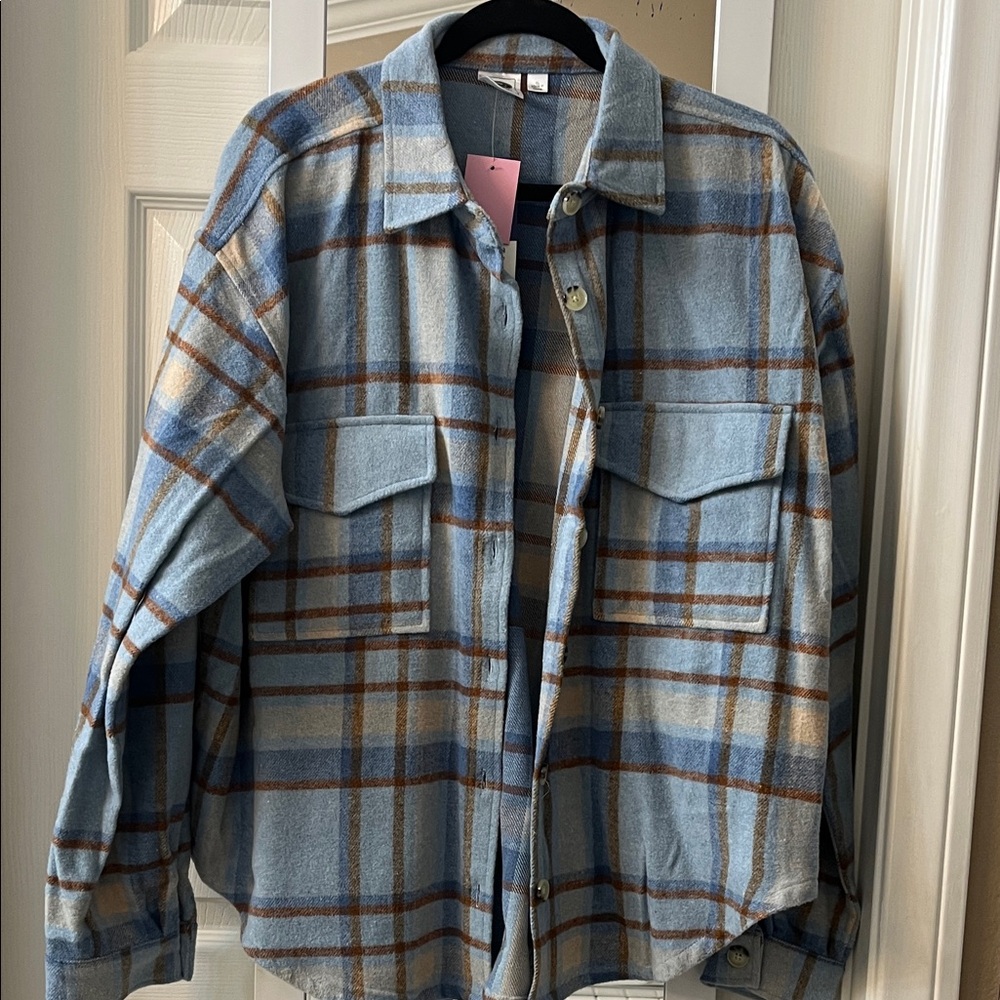 Ford Bronco Blue and Tan Plaid Button-Up flannel Shirt new with tags.